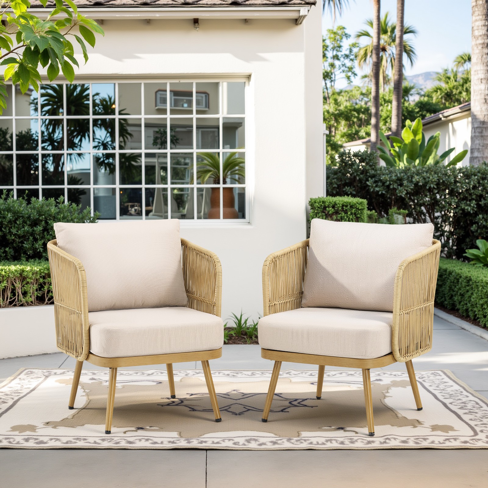 2-Piece PE Wicker Patio Chairs Set with 4″ Cushions, Barrel Chairs