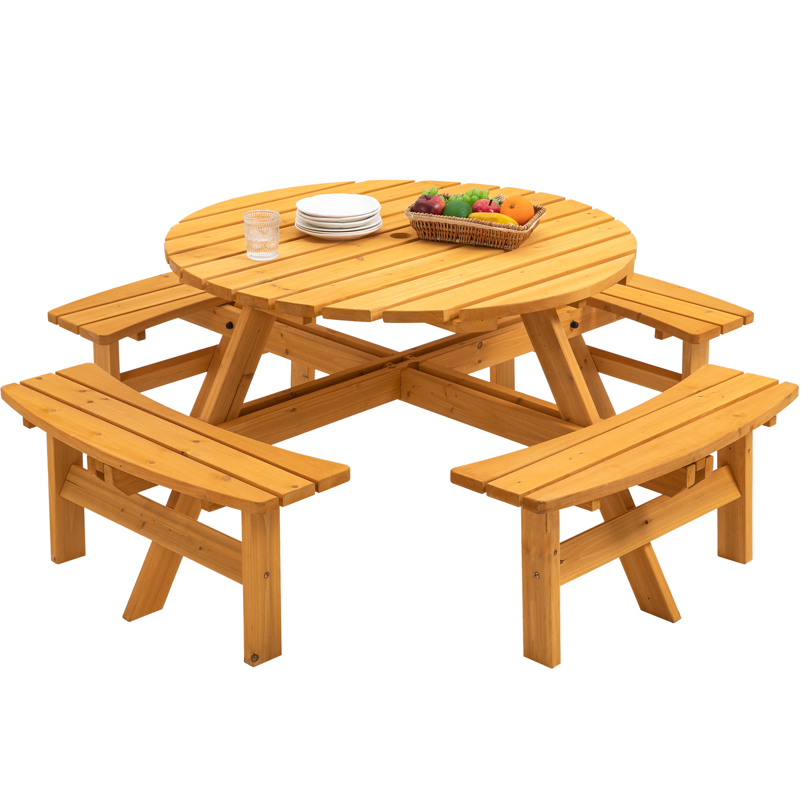 8-Person Outdoor Circular Wooden Picnic Table with 3 Built-in Benches Natural