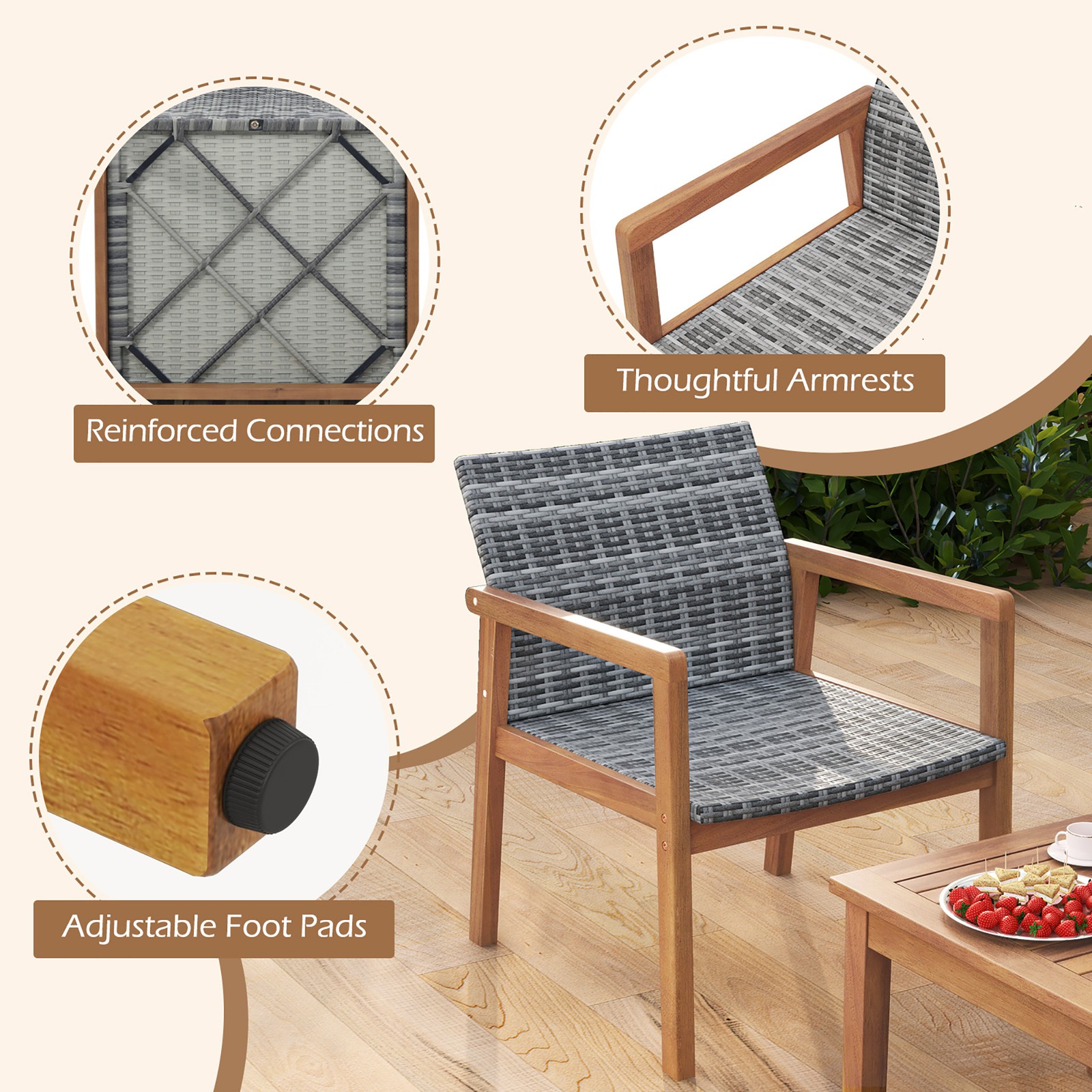 3 Pieces Outdoor Furniture Set Acacia Wood Frame Sofa Set w/ Rattan Seat