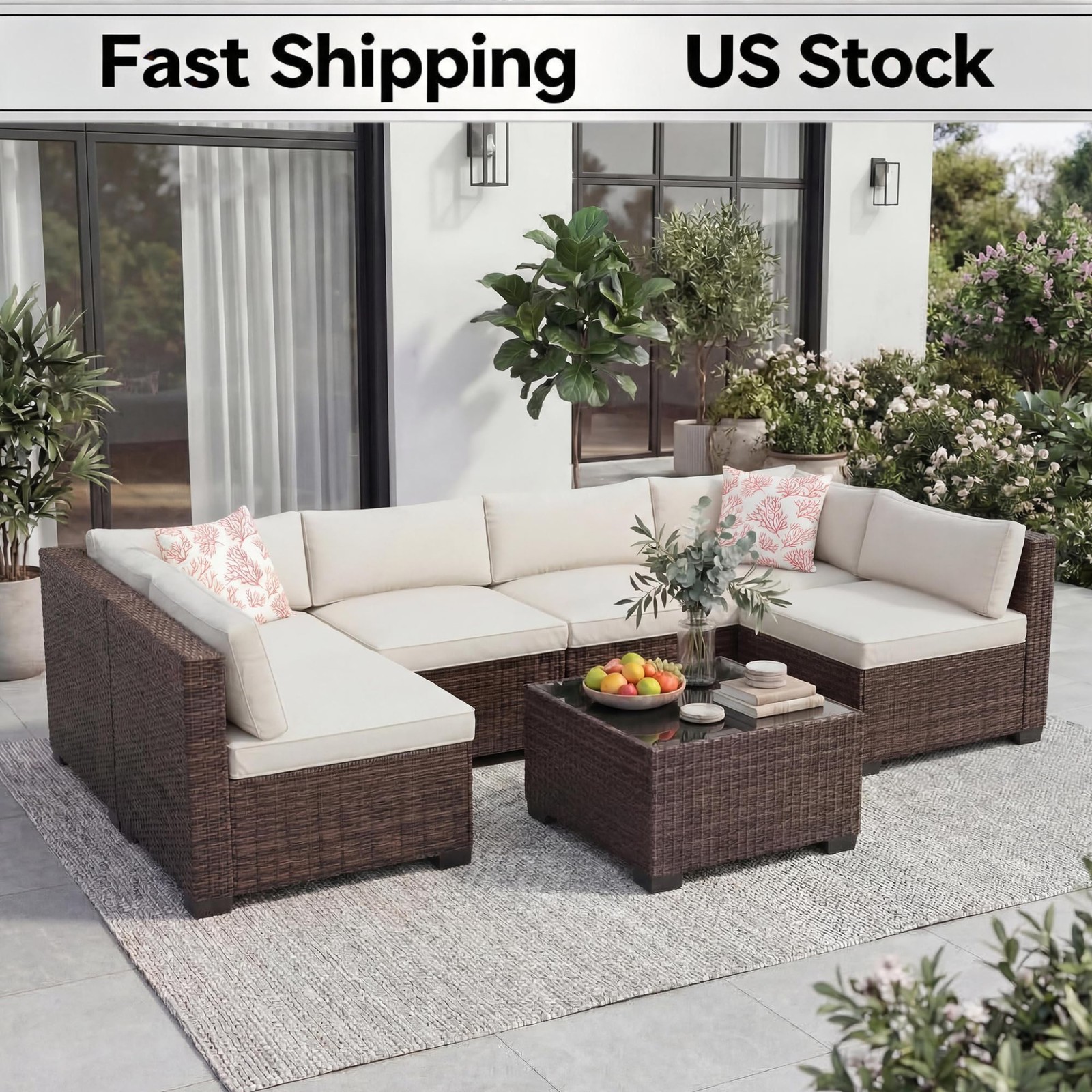 7-Piece Rattan Wicker Sofa Set with Coffee Table & Water-Resistant Thick Cushion