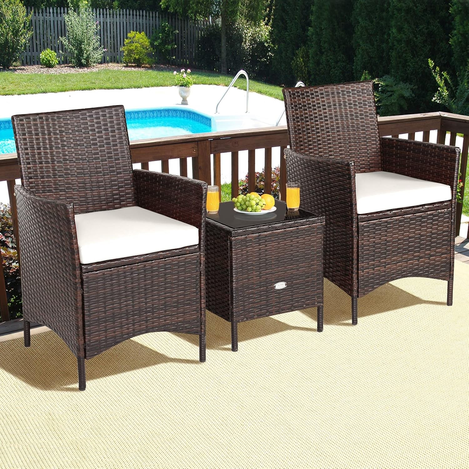 3 Pieces Patio Furniture Set Wicker Outdoor Furniture W/ Water-Resistant Cushion