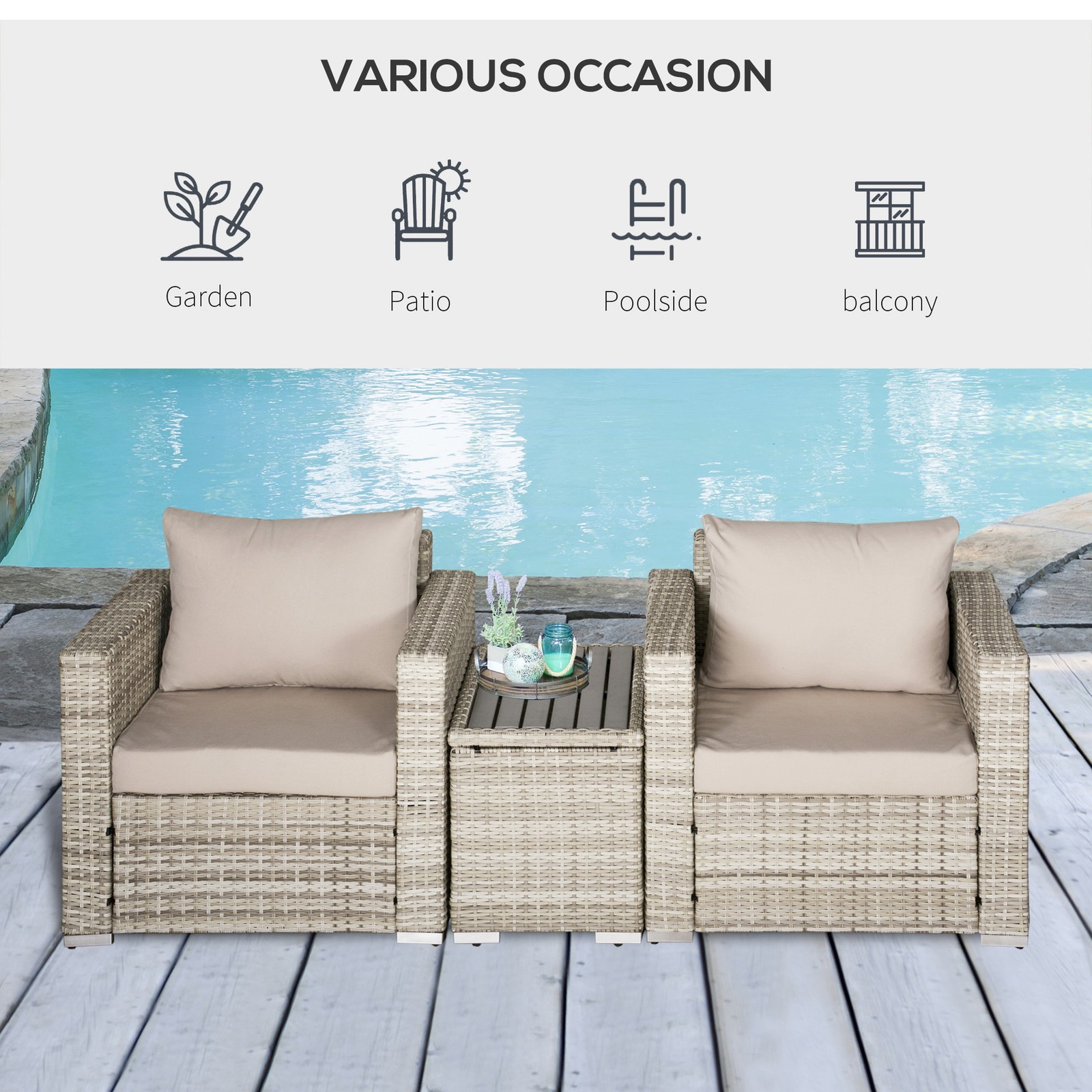 Outdoor Backyard & Deck Deck Conversation Set w/ Washable Cushions & Table, Grey