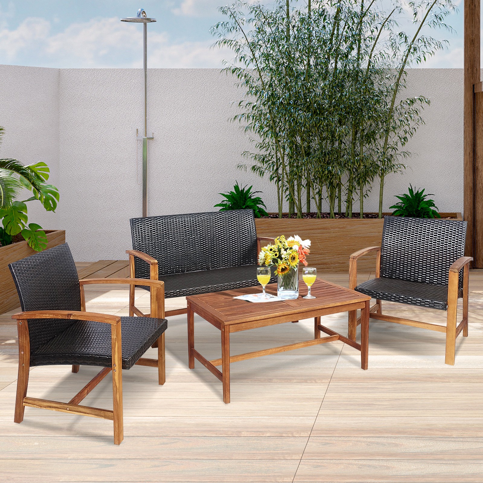 Patio 4PCS Rattan Furniture Set Outdoor Acacia Wood Frame Sofa Loveseat Backyard
