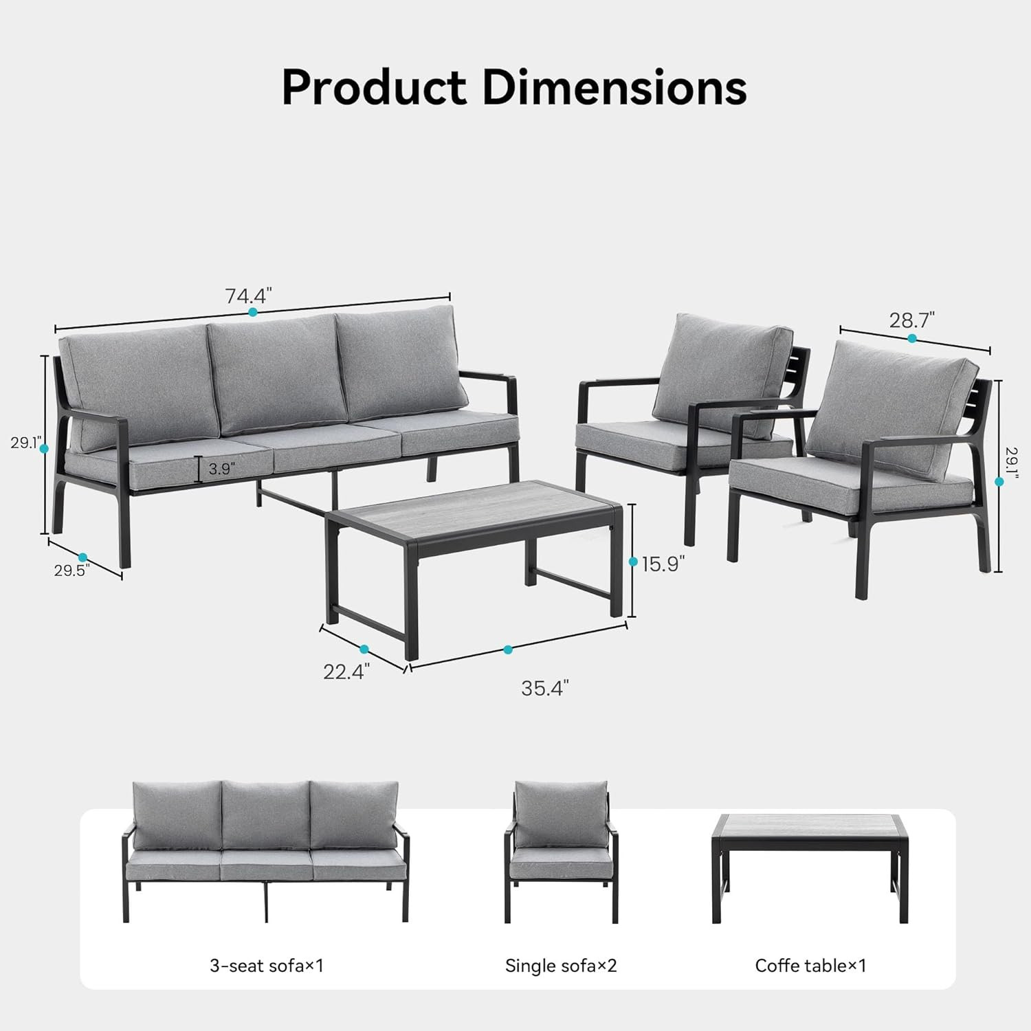 Weather-Resistant Iron-Aluminum Patio Sofa Set with Wood-Grain Table