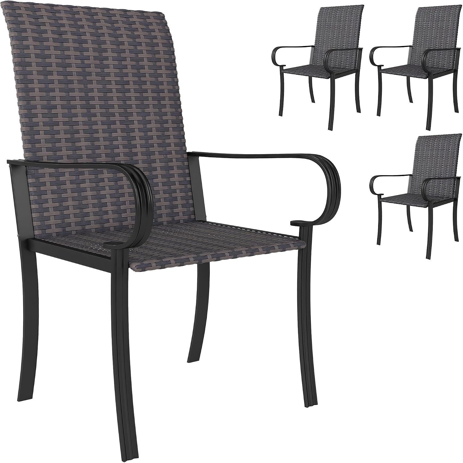 Set of 4 Outdoor Wicker Dining Chairs All-Weather Rattan Armchairs W/ Armrests