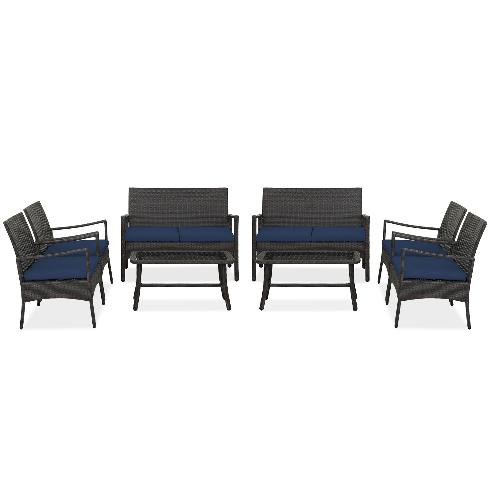 8 PCS Patio Conversation Set Rattan Chair Glass Coffee Table for Porch Backyard