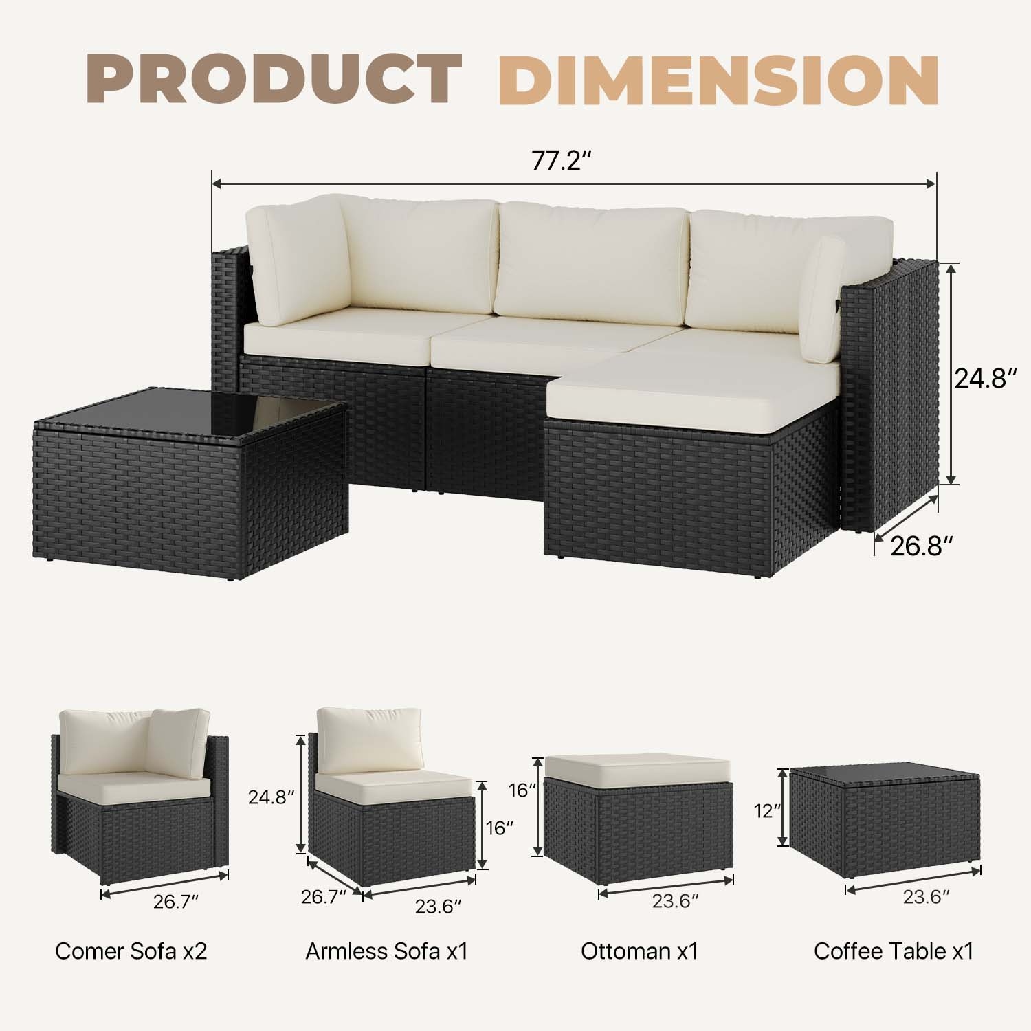 3-Piece Black Rattan Conversation Set Sofa Ottoman Table Cream White