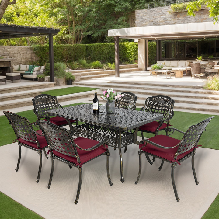 7 Piece Outdoor Dining Table and Chairs Set with 6 Stackable Chairs, Large Table