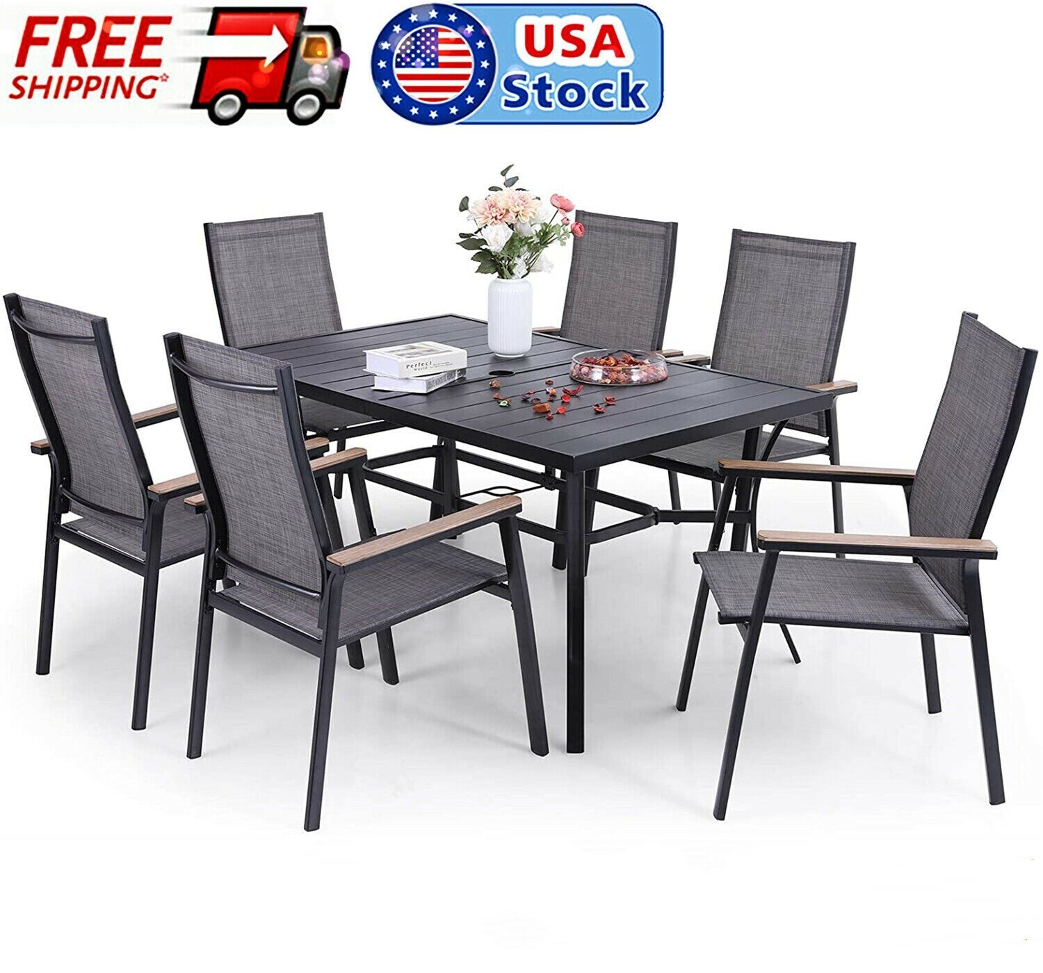 7 Pcs Outdoor Dining Set Patio Dining Set Stackable Chairs with Umbrella Hole