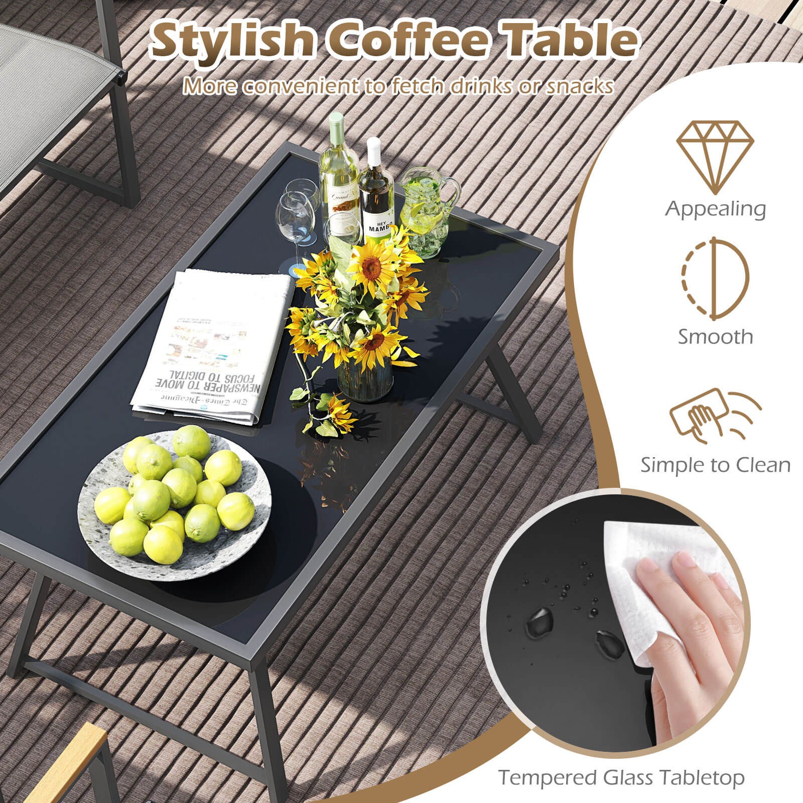 8 PCS Patio Furniture Set w/ Padded Fabric Seat & Wood-Plastic Armrests Table
