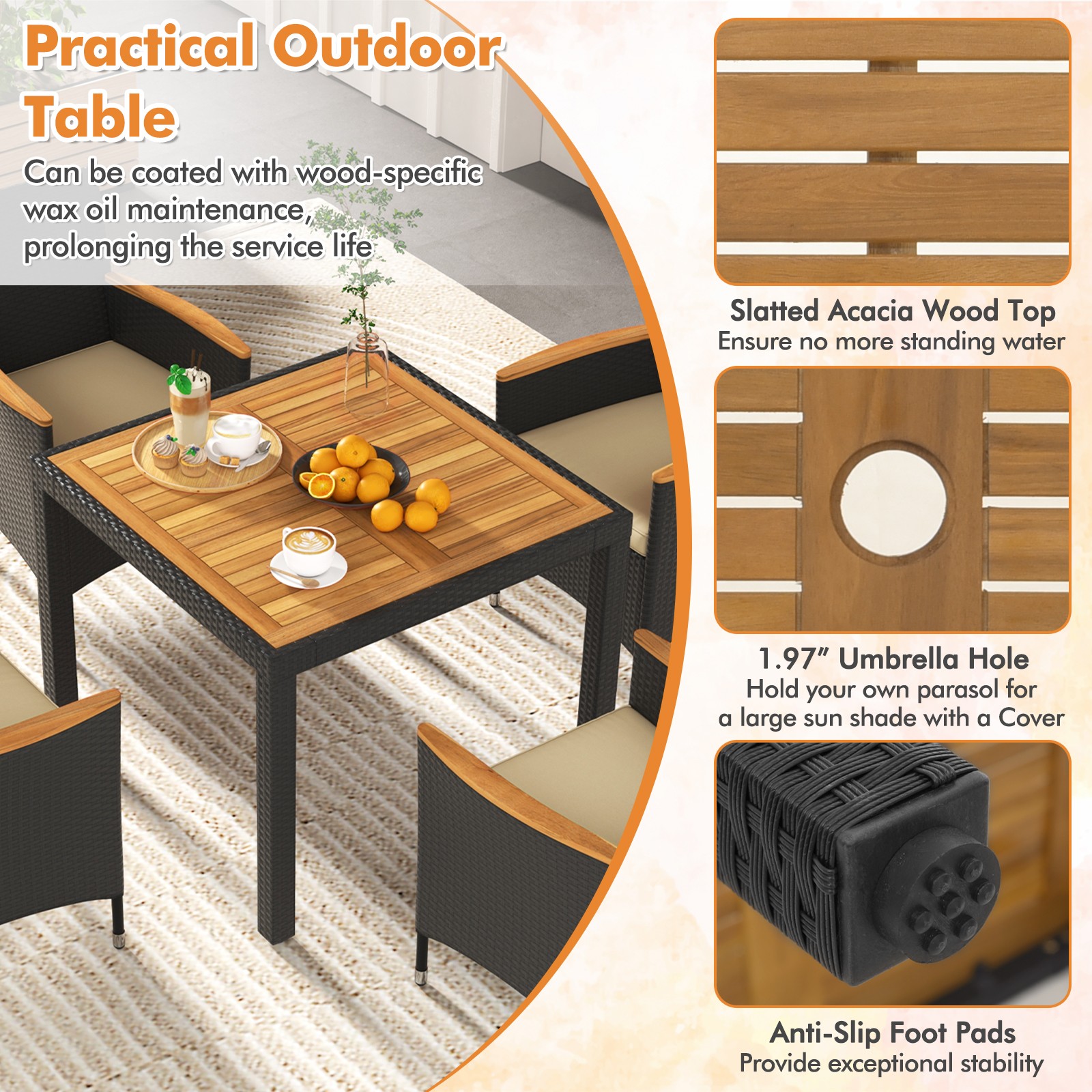Patio 5 PCS Dining Table Set for 4 Rattan Conversation Set with Umbrella Hole