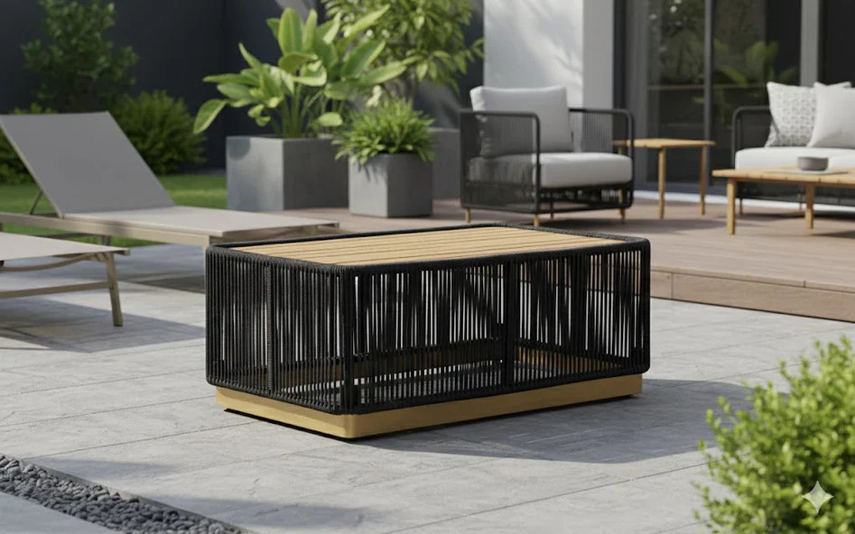 Cypress Teak Wood Sofa Set with Black Rope Design – Modern Outdoor Lounge 4-Sea