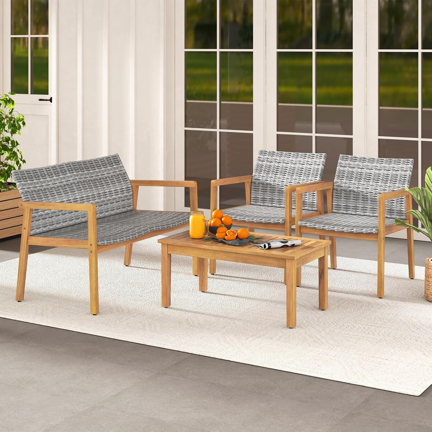 4 Pieces Outdoor Furniture Set, Acacia Wood Frame Sofa Set W/Rattan Seat & Back,