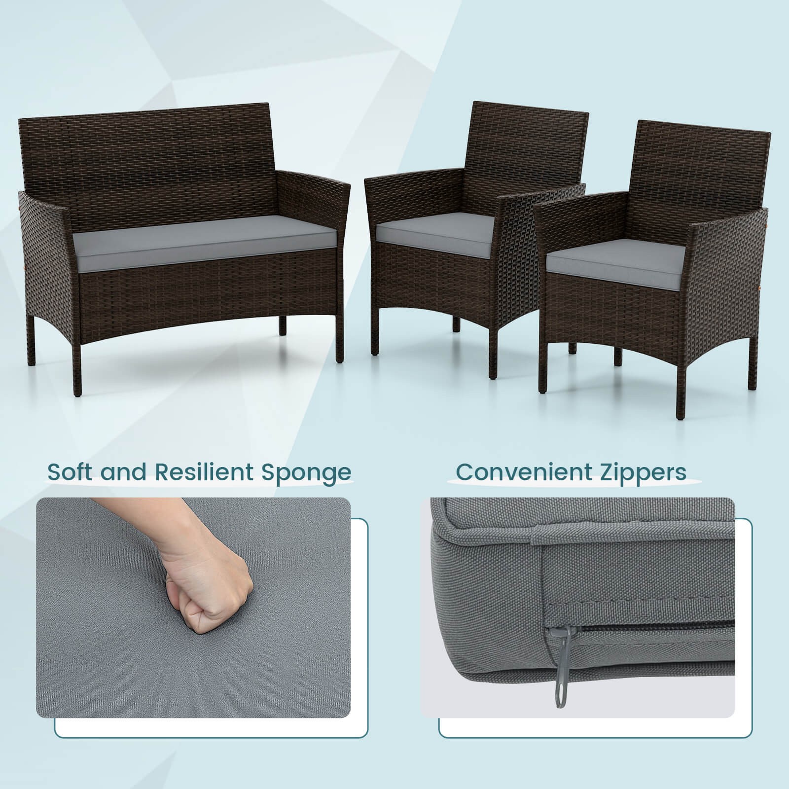 Patio 8 PCS Furniture Set w/Washable Cushions and Tempered Glass Coffee Table