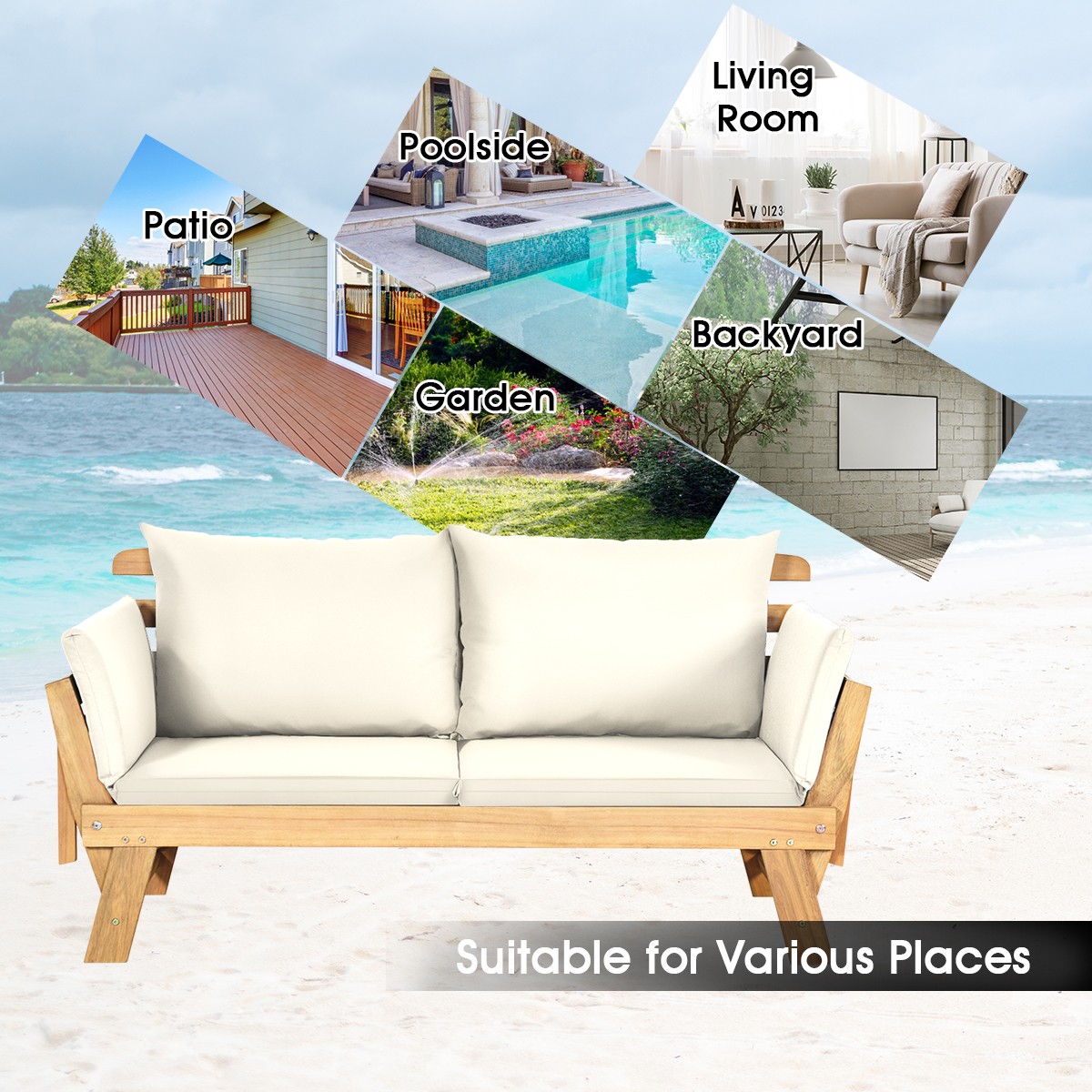 Patio Convertible Sofa Daybed Solid Wood Adjustable Furni Thick Cushion White