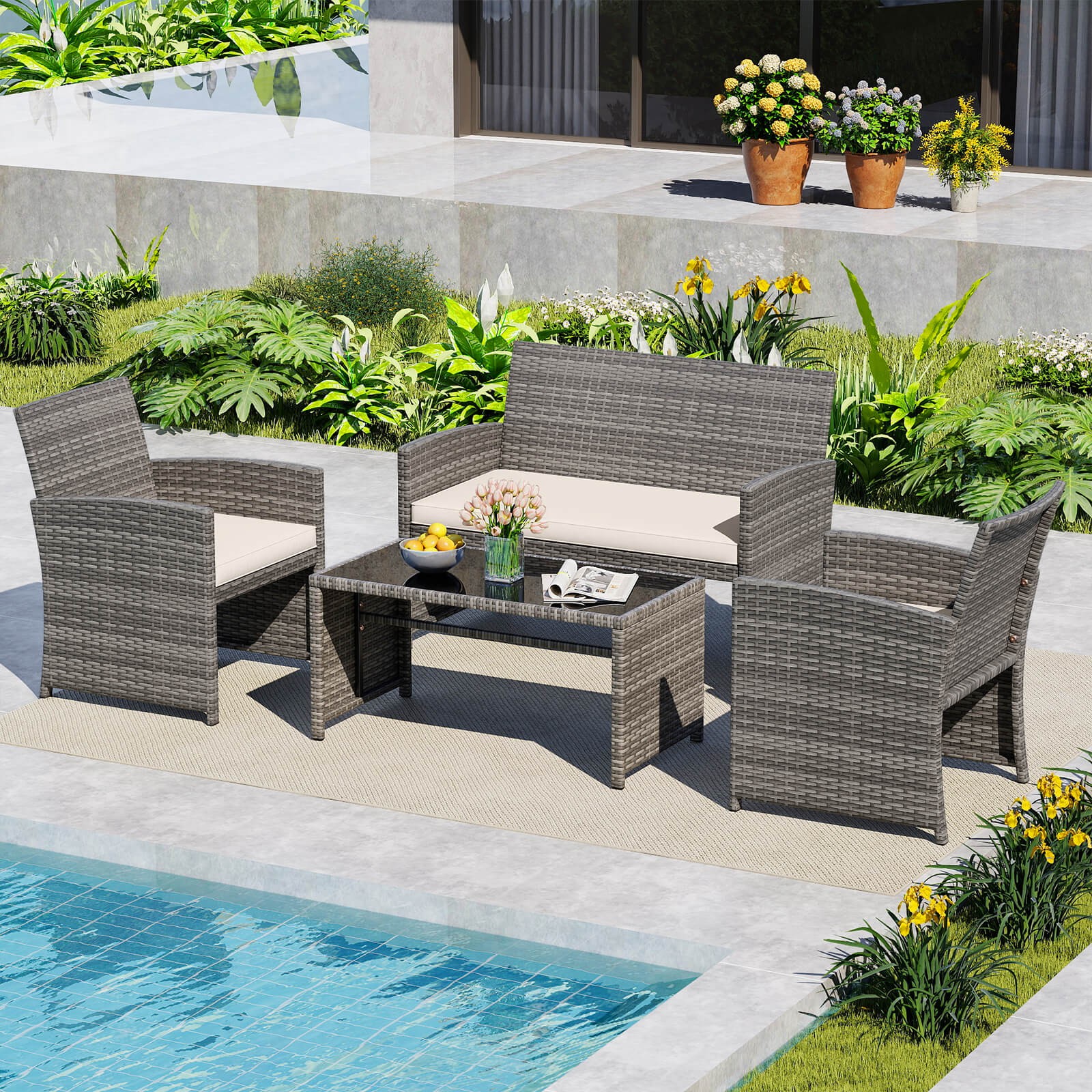 8PCS Patio Conversation Set w/Seat Cushions & Tempered Glass Tabletop, Outdoor