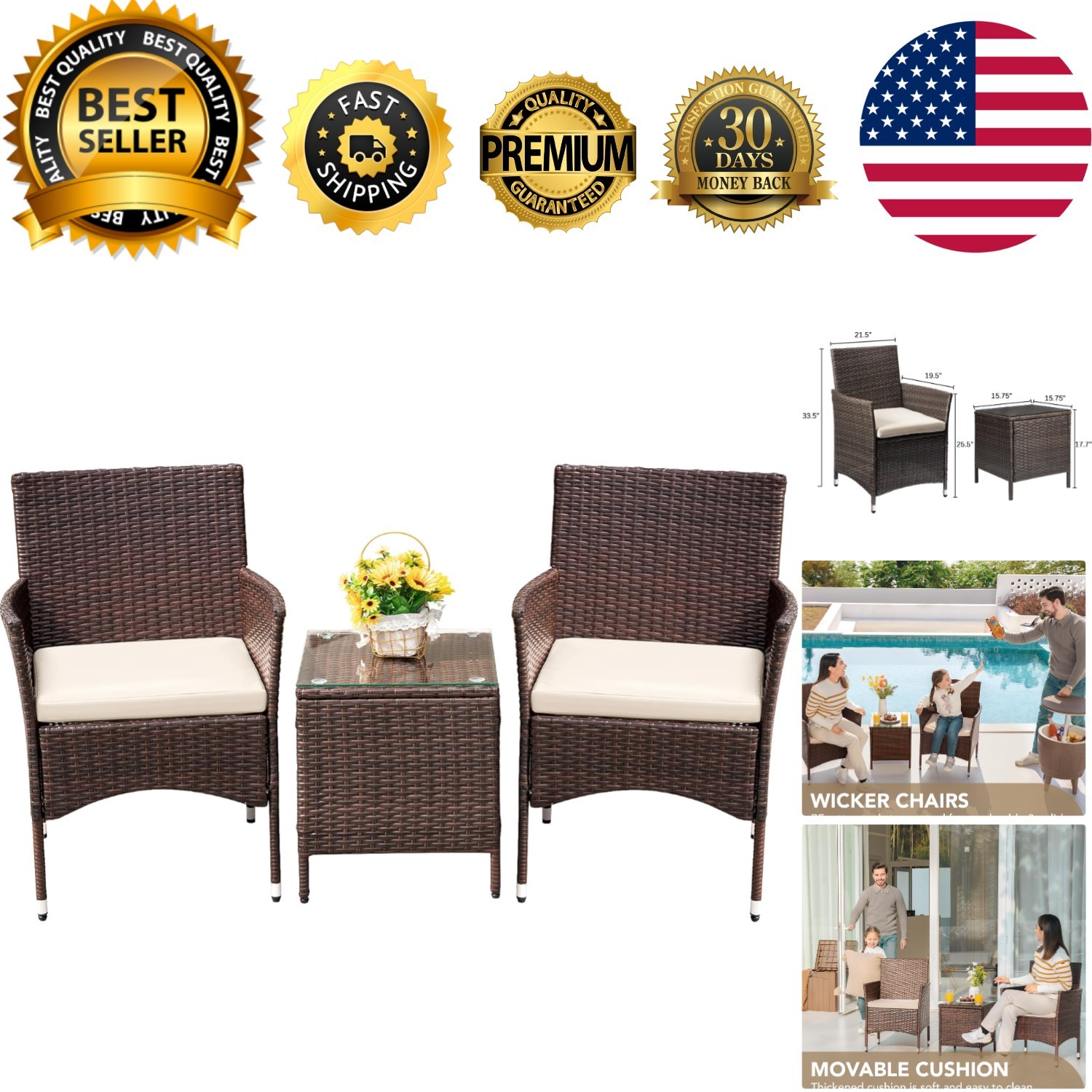 Durable PE Rattan Outdoor Furniture Set with Removable Cushions – Brown/Beige