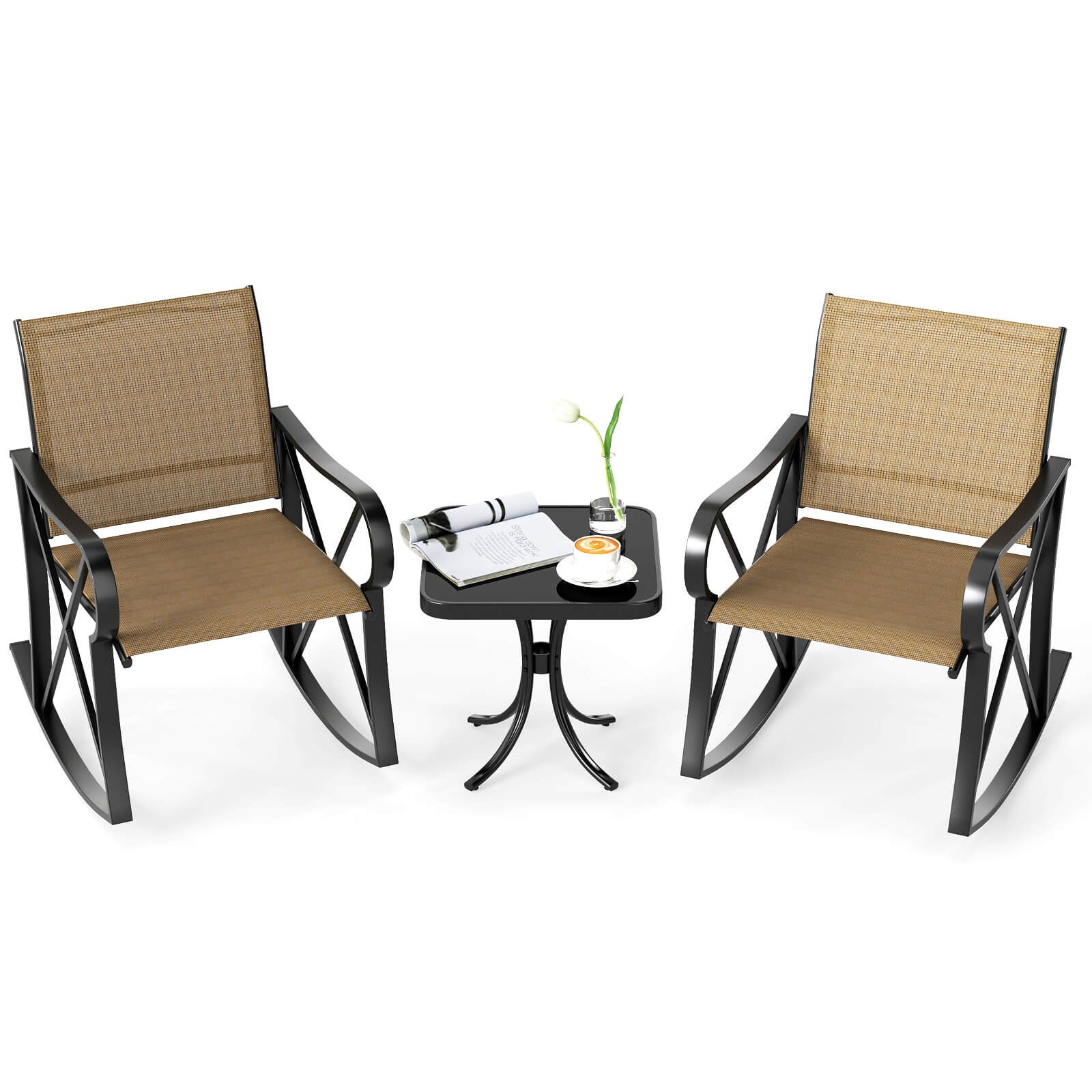 3 Piece Patio Rocking Set 2 Rocking Chairs w/ Tempered Glass Side Table Brown