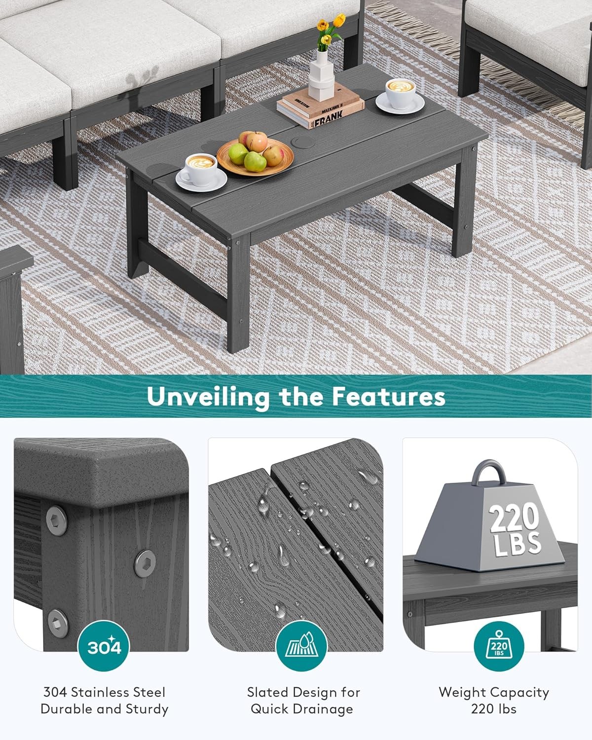 HDPE Patio Coffee Table, Rectangle Outdoor Coffee Table, All-Weather Coffee Side