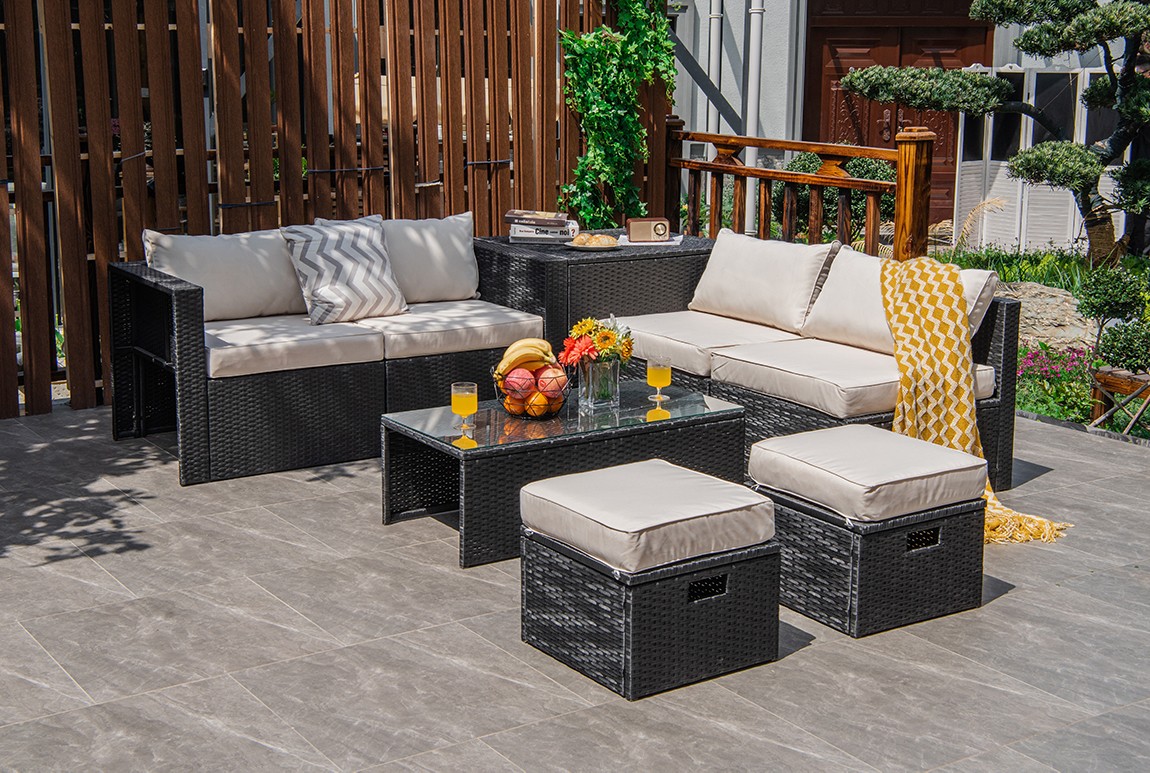 Patiojoy Patio 8PCS Rattan Furniture Set Storage Table Ottoman Off White