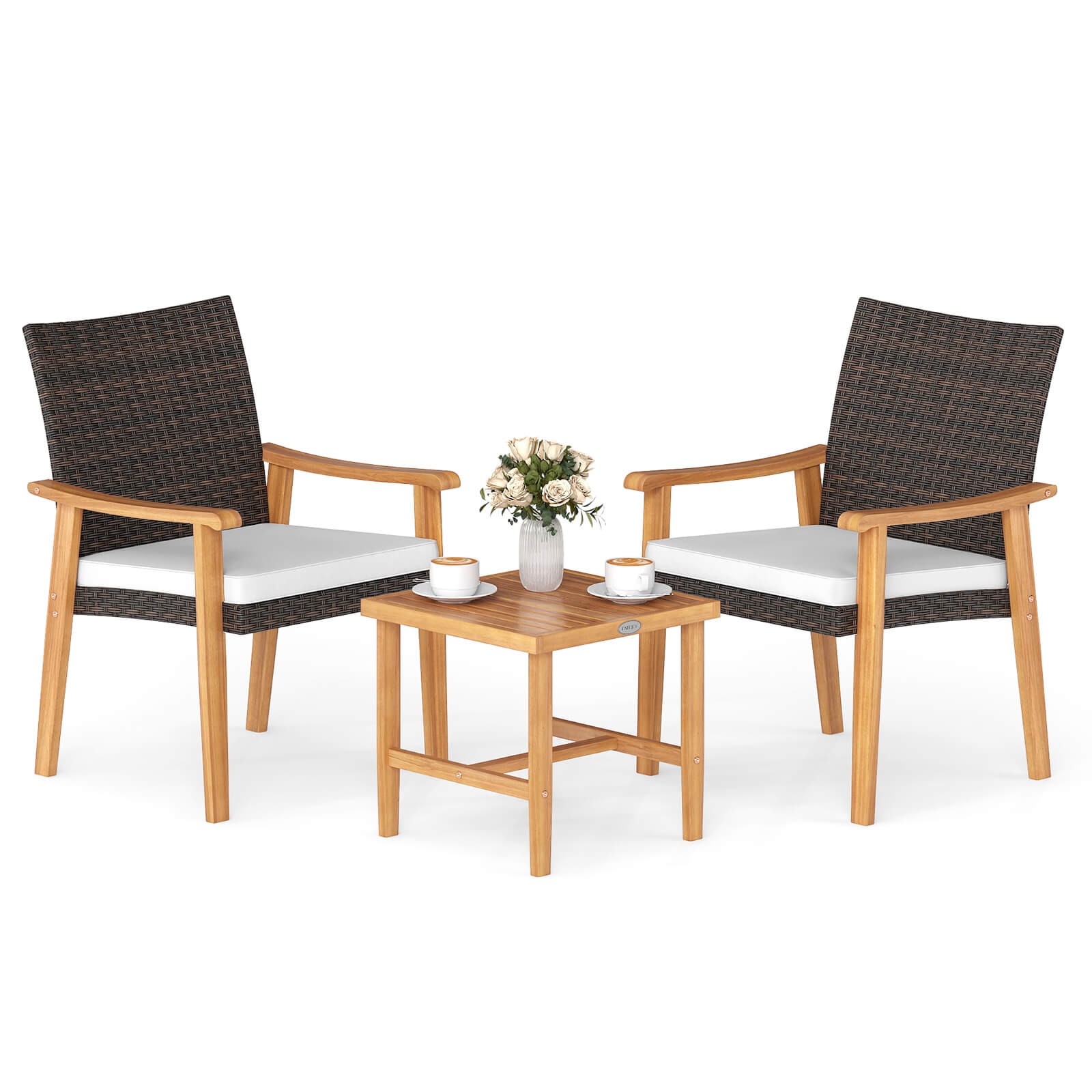 3 PCS Patio PE Wicker Furniture Set w/Coffee Table and Cushions for Front Porch