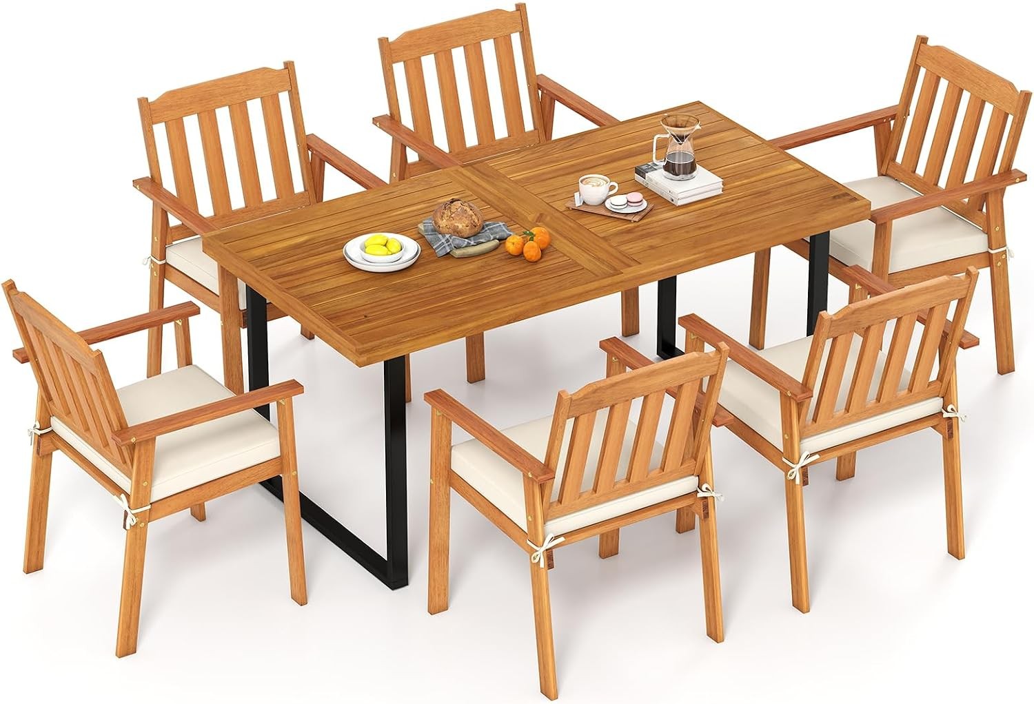 3 Pieces Patio Dining Table Set 63” Rectangle Acacia Wood Table