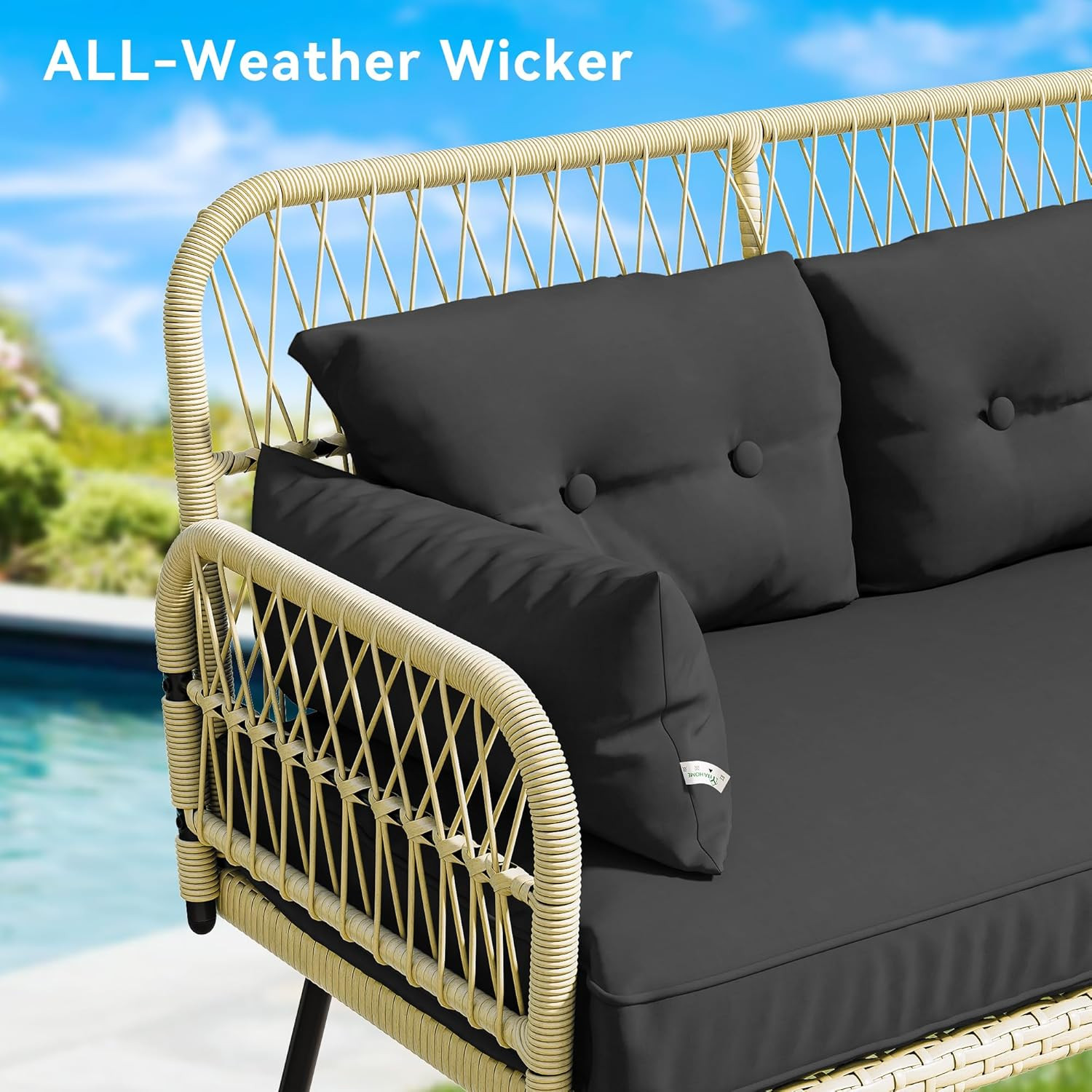 Light Brown & Black Wicker Loveseat Set with Cushions & Side Table for Outdoors