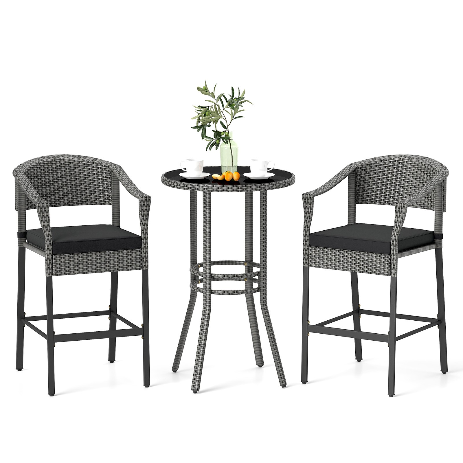 3-Piece Patio Rattan Bar Set Wicker Bar Height Armchairs & Round Table