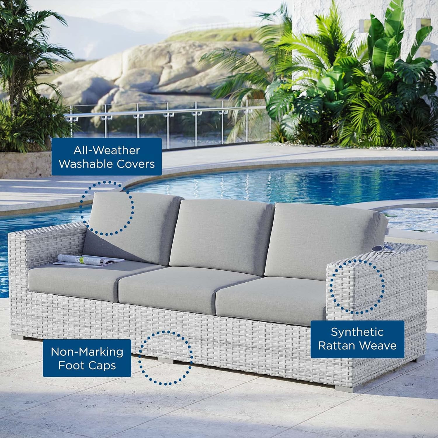 Stylish Light Gray Wicker Rattan Outdoor Sofa for Comfortable Patio Seating