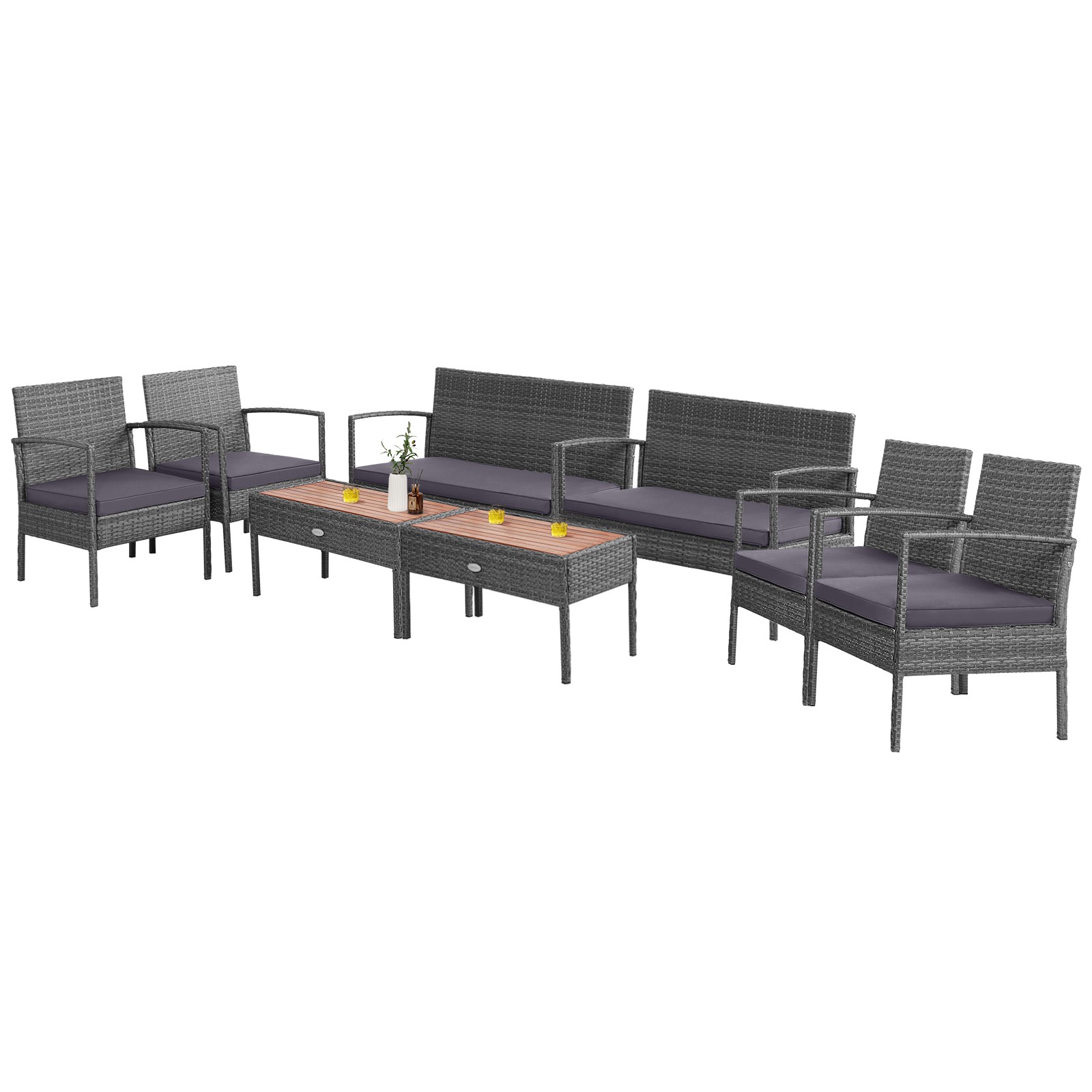 Costway 4PCS Patio Rattan Furniture Set Cushioned Chair Wooden Tabletop Gray