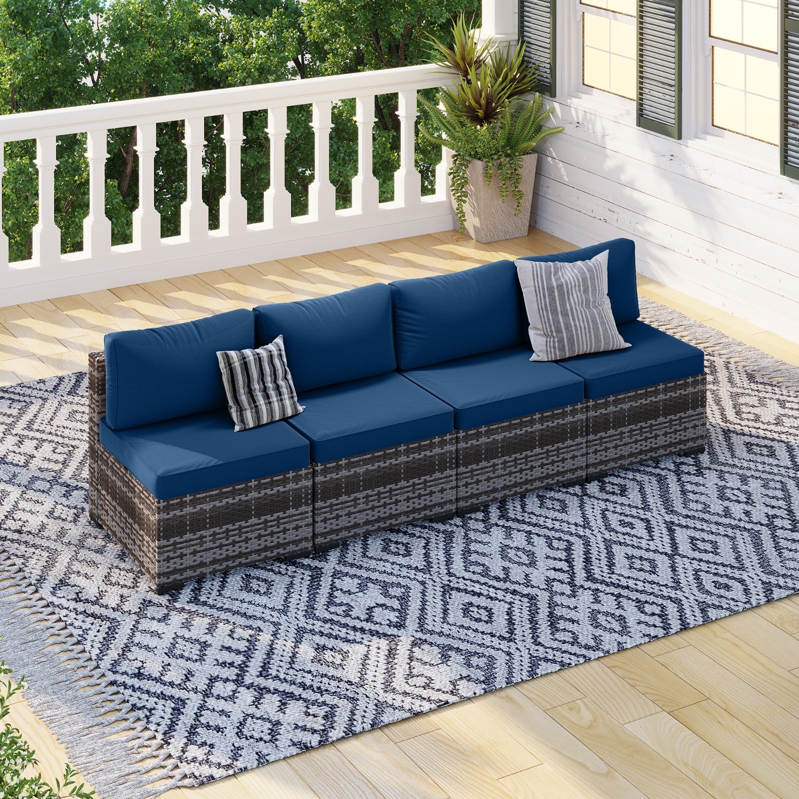4-Piece Gray Rattan Sofa Set with Navy Blue Cushions