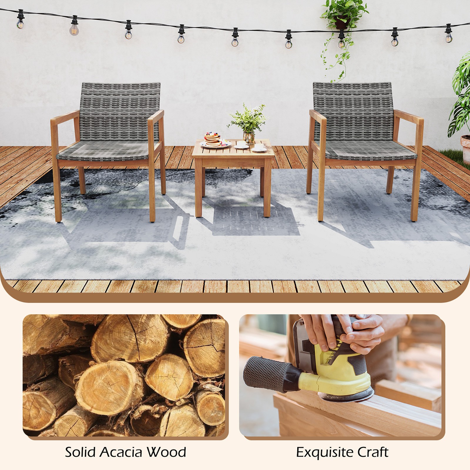 3 Pieces Outdoor Furniture Set Acacia Wood Frame Sofa Set w/ Rattan Seat