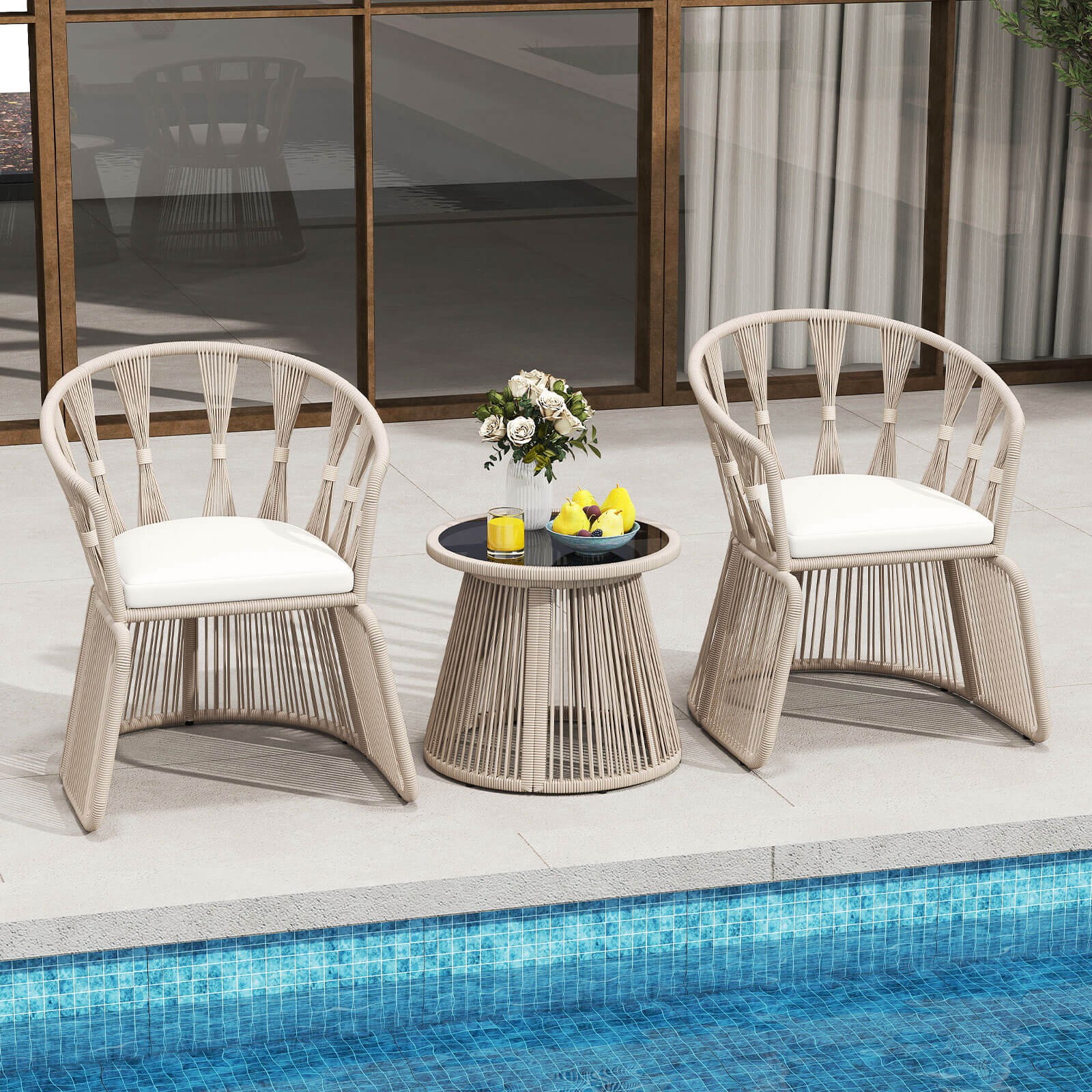3 PCS Patio Leisure Chair Set Rope-Woven Armchairs & Table Set w/ Cushions