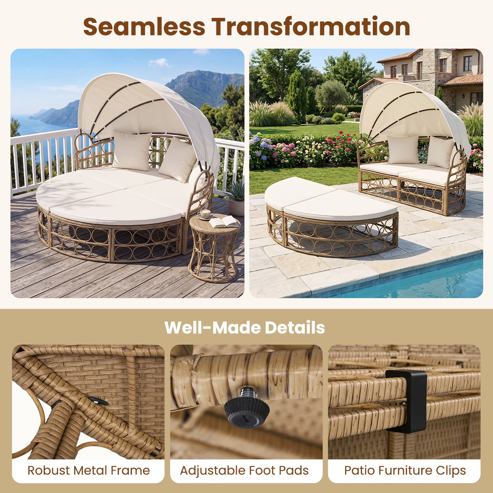Outdoor Patio Daybed w/ Retractable Canopy & Cushions, Round Sectional Couch