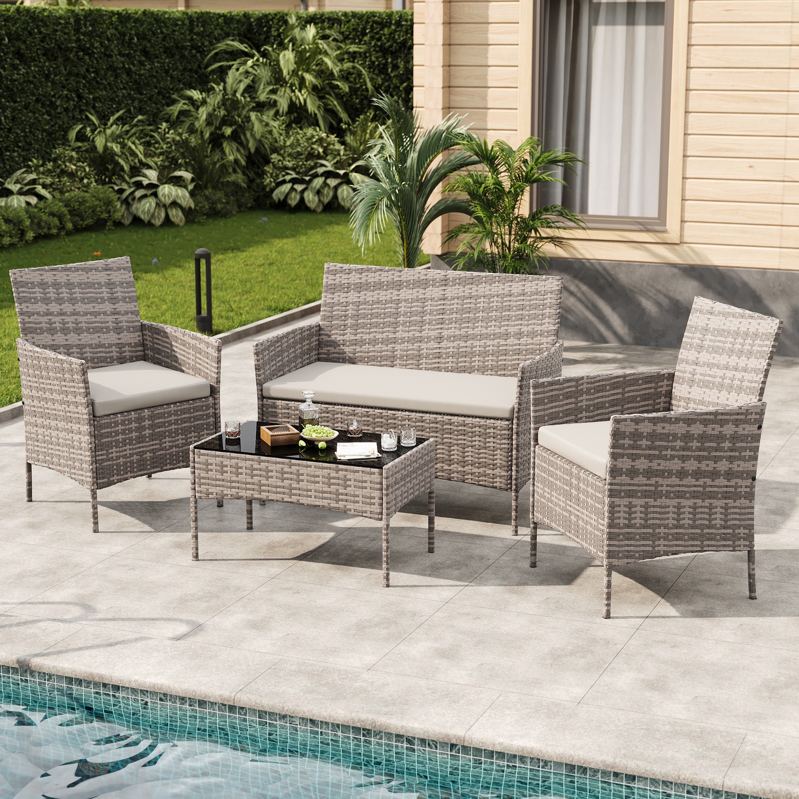 4 Pieces Patio Furniture Set, Rattan Patio Conversation Set with Coffee Table