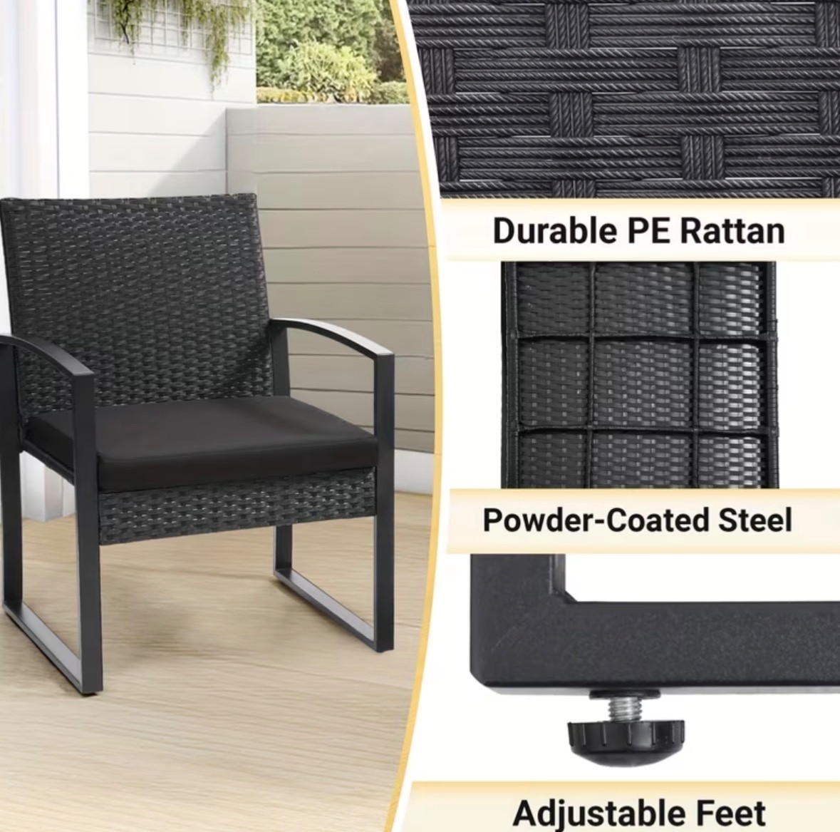 3pcs Rattan Bistro Set, 2 Chairs & 1 Safety Glass Top Table, with Plush Cushions