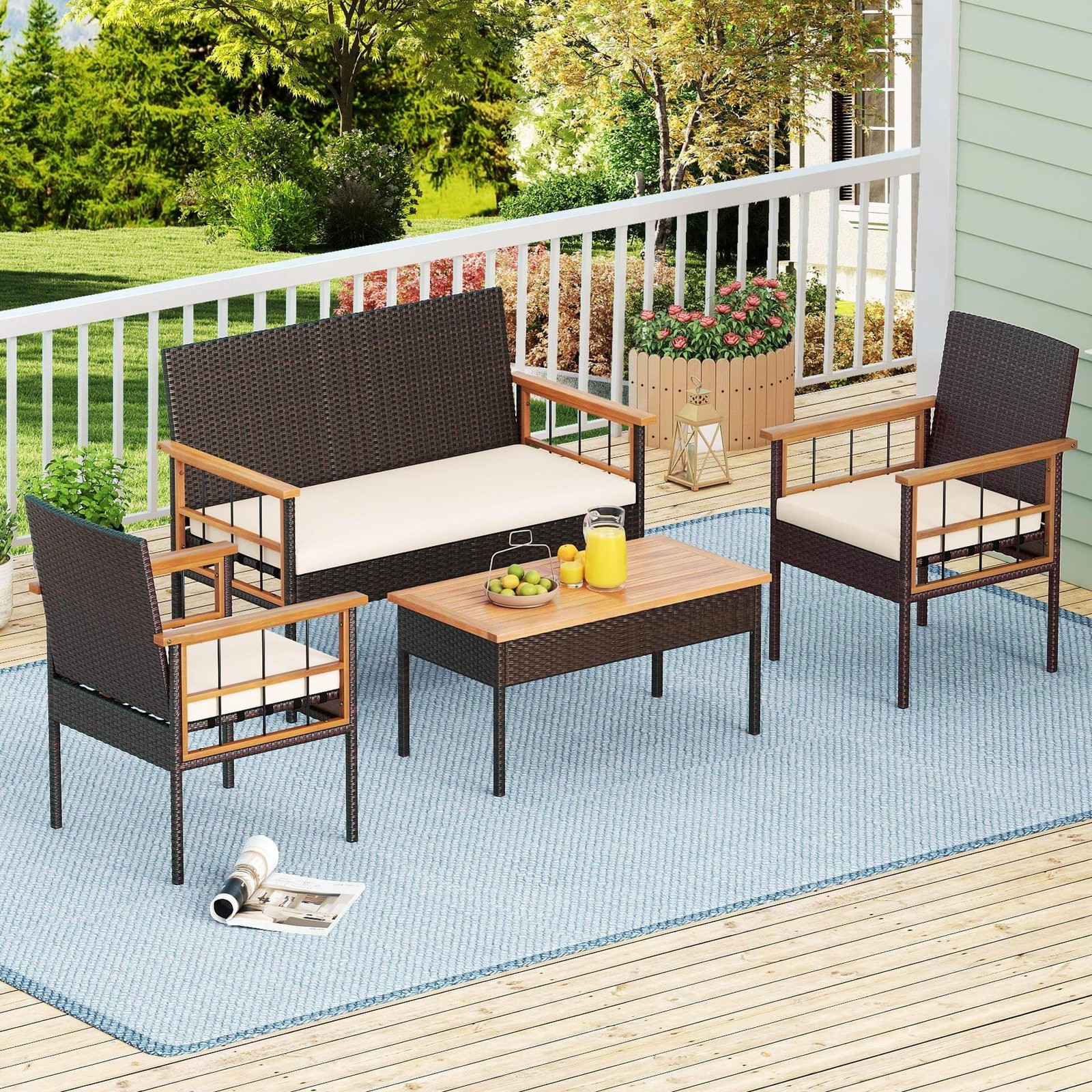 4 PCS Wicker Furniture Set w/Acacia Wood Tabletop Armrests Cushions for Backyard