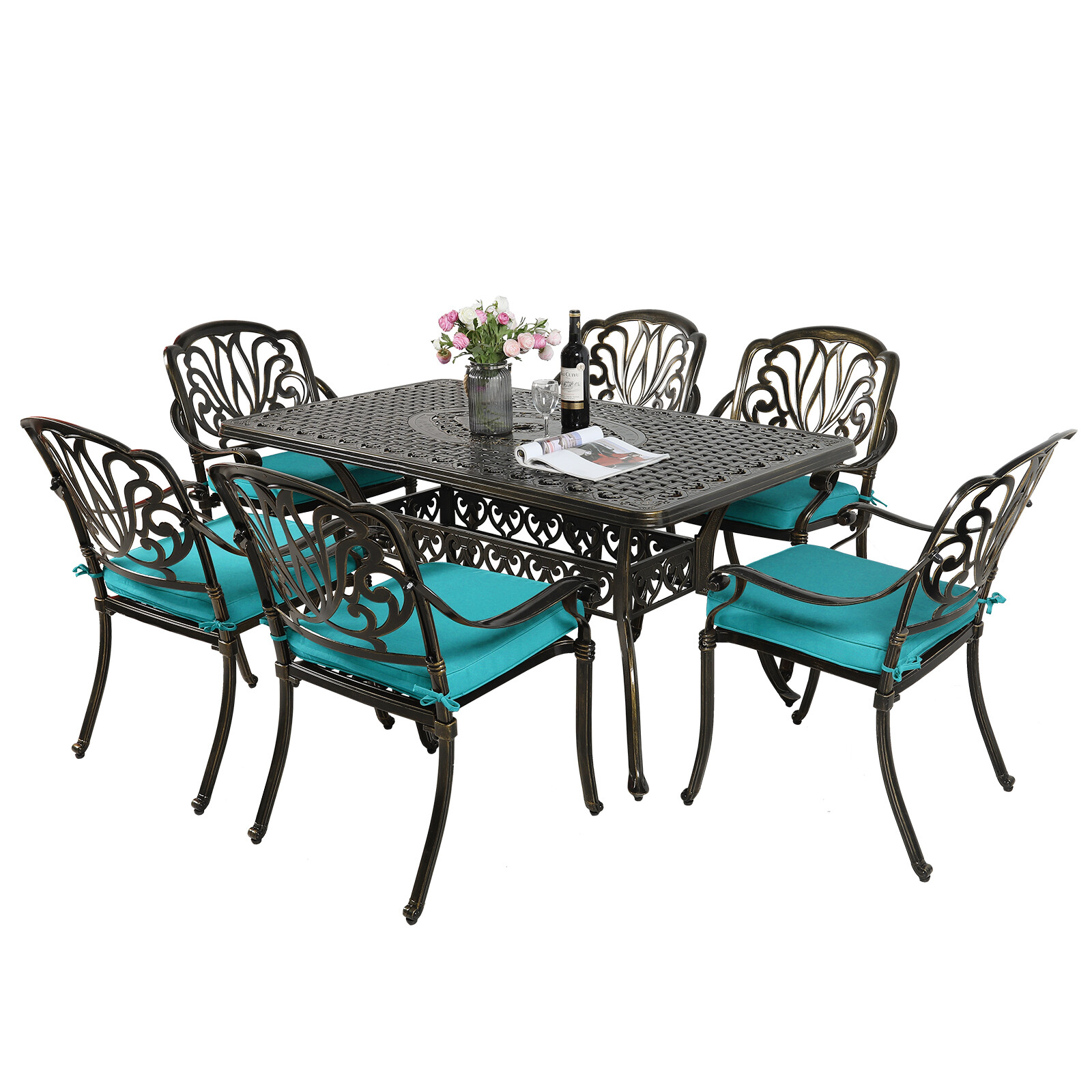 7-Piece Patio Dining Set Cast Aluminum Outdoor Furniture Set w/ 6 Chairs & Table