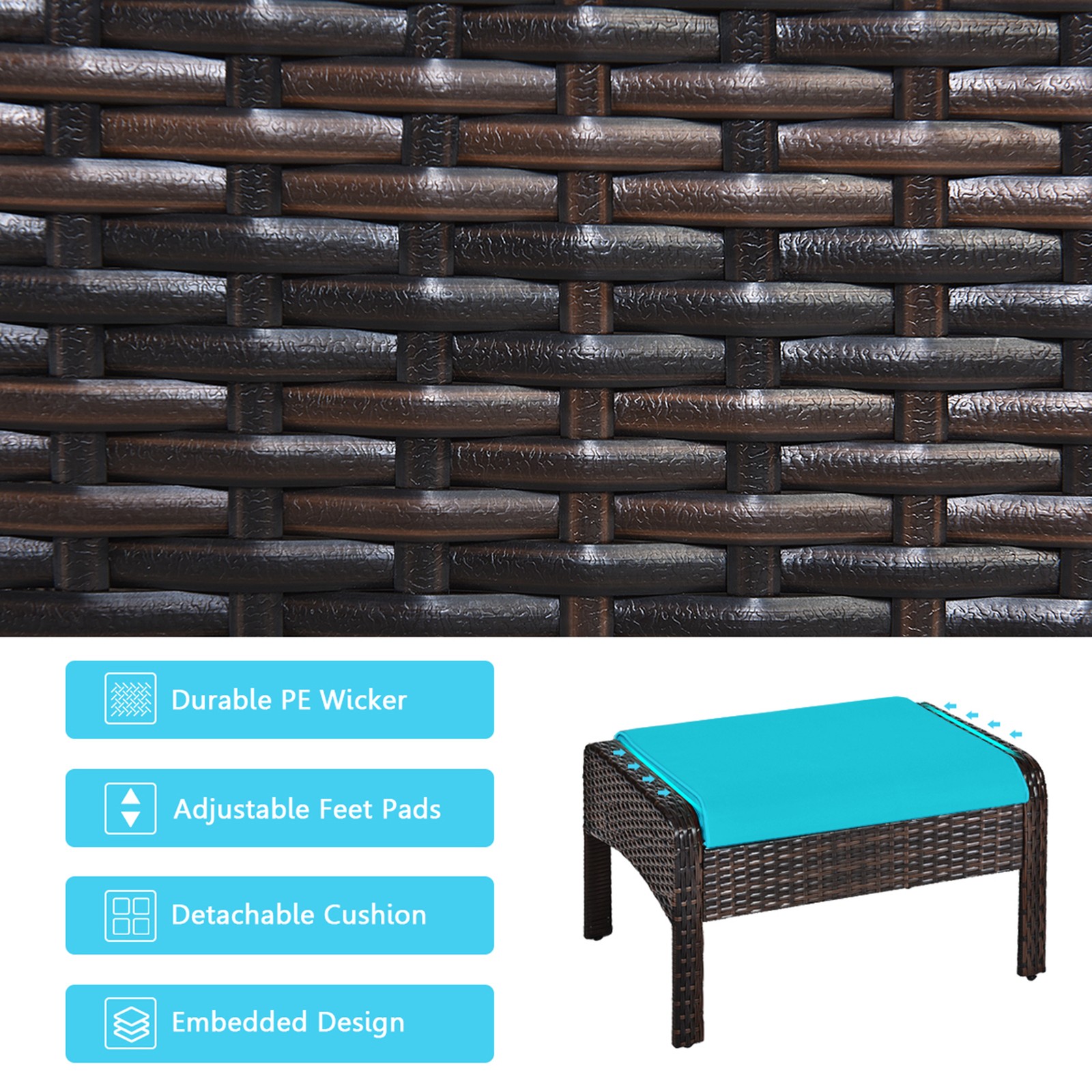 5PCS Patio Set Sectional Rattan Wicker Furniture Set w/ Turquoise Cushion