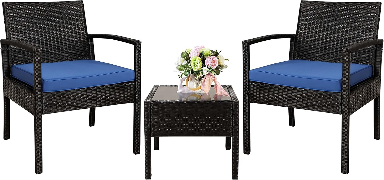 3PCS PE Rattan Patio Conversation Set Outdoor Patio Furniture Sets | Thick