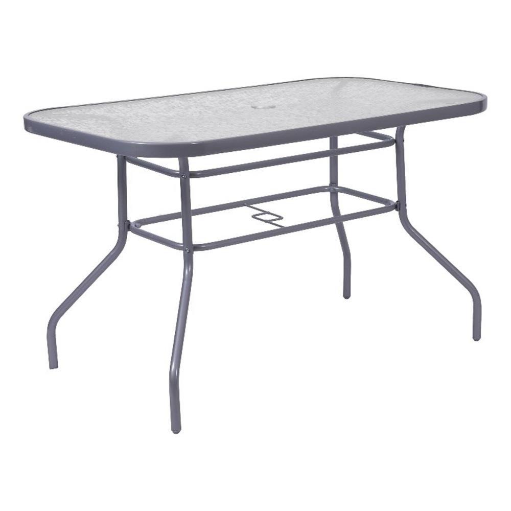 Commercial 47.25×27.5 Tempered Glass and Steel Patio Table-Umbrella Hole-Silver
