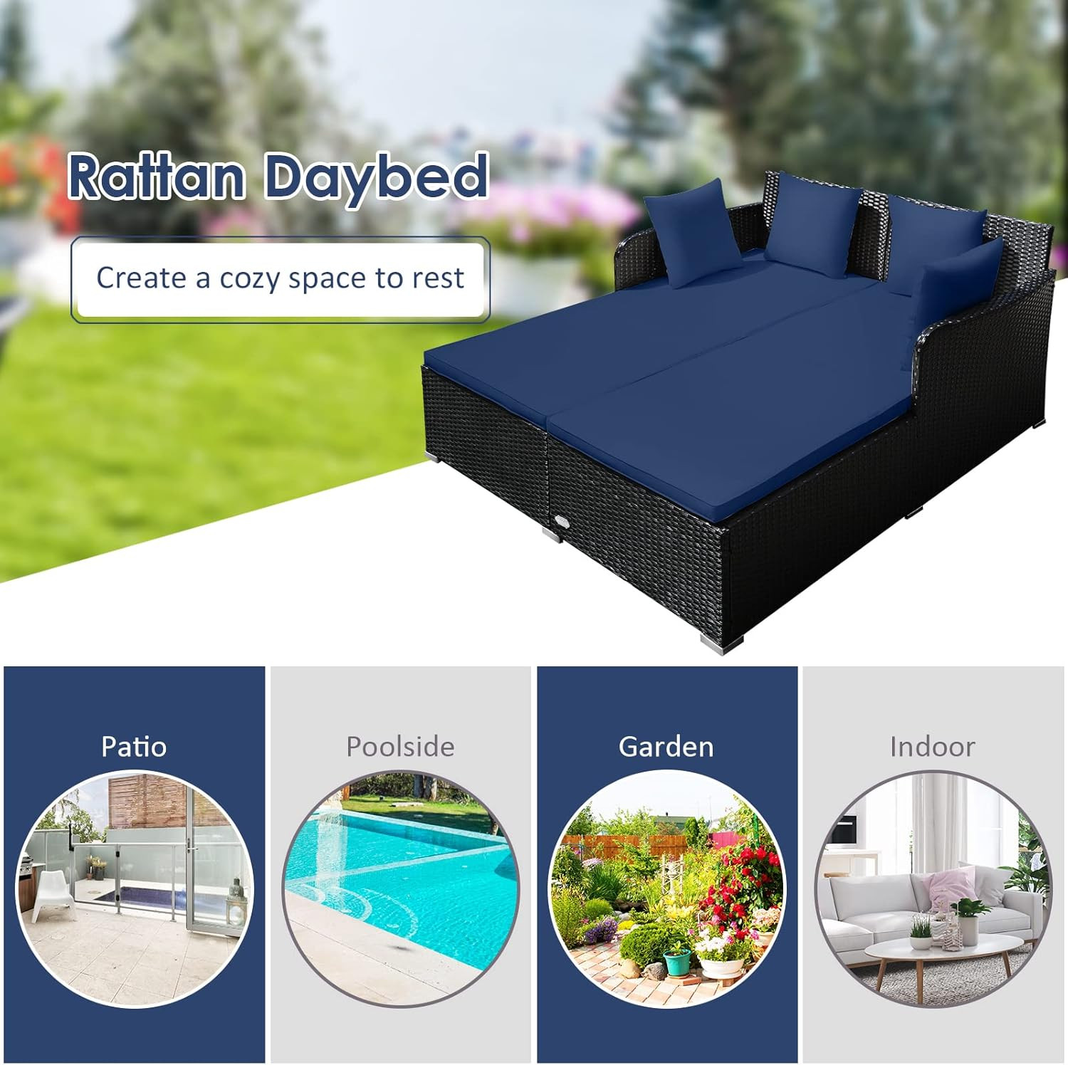 Outdoor Rattan Daybed, Sunbed Wicker Furniture W/Spacious Seat, Upholstered Cush