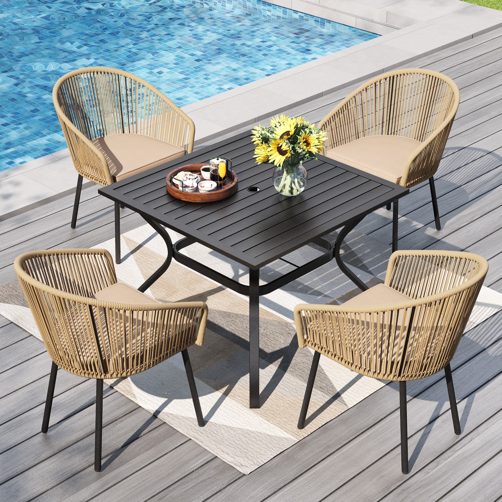 Outdoor Dining Set Patio Rattan Chairs with 37” Square Table Bistro Furniture