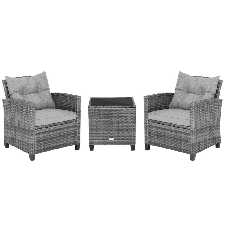 3PCS Patio Outdoor Furniture Rattan Conversation Set w/Tempered Glass Tabletop