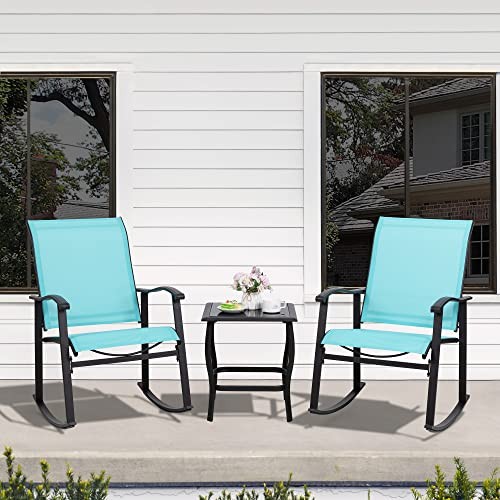 3 Piece Rocking Bistro Set, Outdoor Furniture with Rocker Chairs and Blue