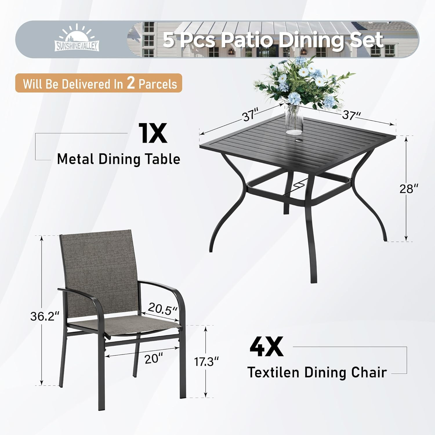 5 Piece Patio Dining Set for 4, 37”X37” Square Table with Umbrella Hole, 4 Metal