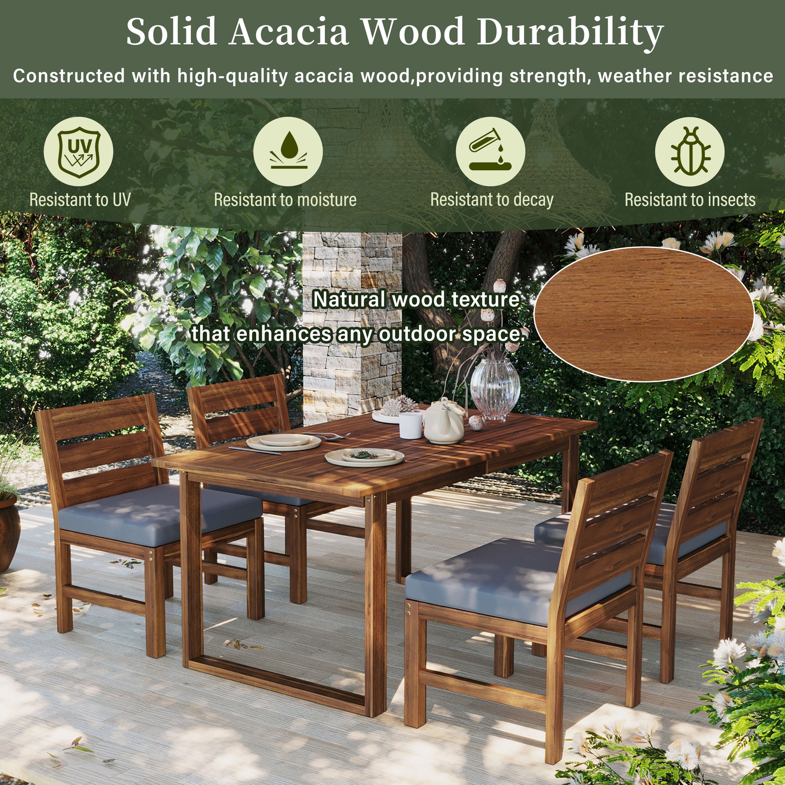 Acacia Wood Outdoor Dining Set for 4 with Cushions, Farmhouse Style