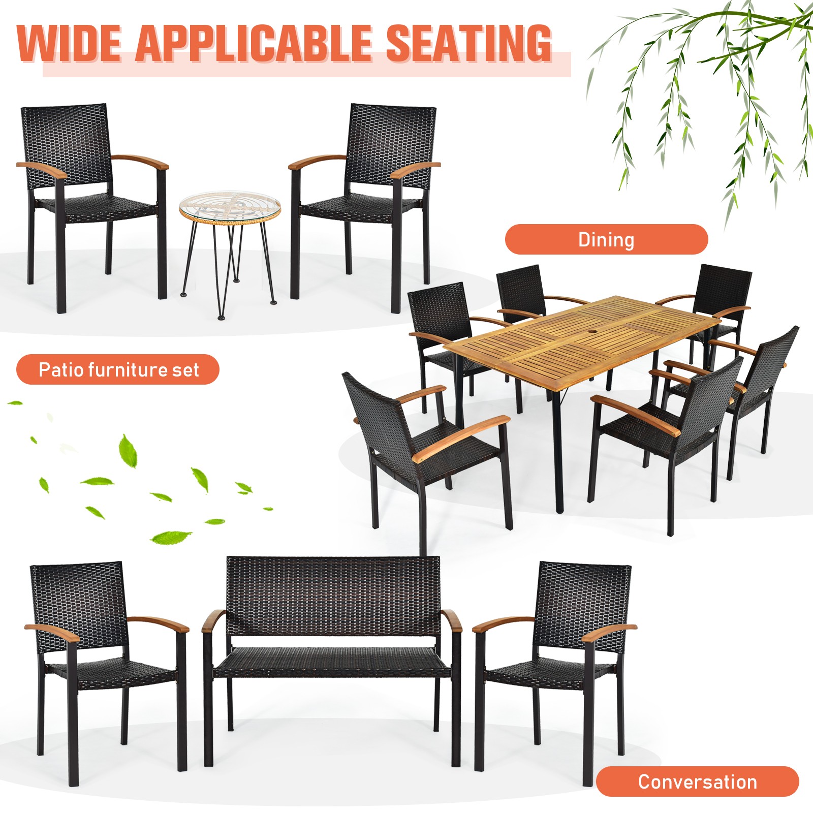 Patiojoy Patio Rattan Dining Armchair 2 Set of Wicker Chair W/Steel Frame