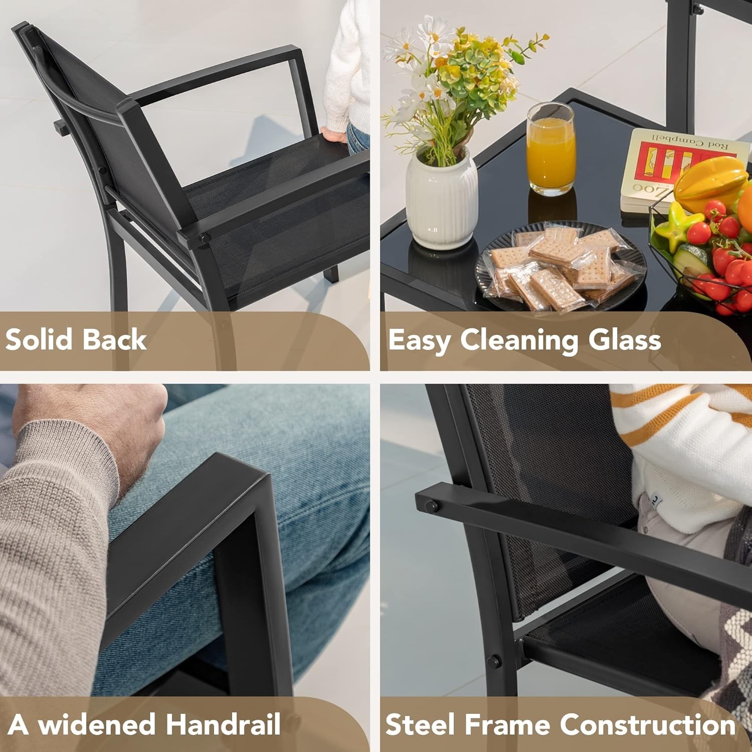 Modern Outdoor Patio Set – 4 Pieces with Breathable Chairs & Elegant Glass Table