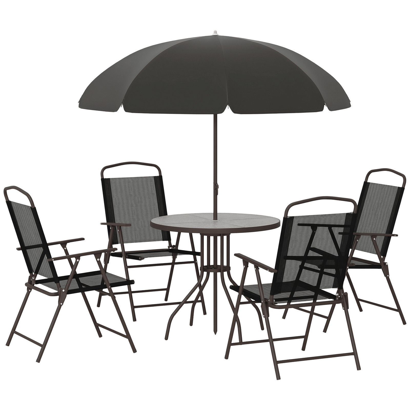 Patio Dining Set – 4 Chairs, 31.5″ Glass Table, Shade Umbrella, All-in-One